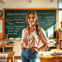 A confident and alluring female teacher in a stylish classroom setting, wearing a fashionable blouse that accentuates her curves, with big breasts and a charming smile