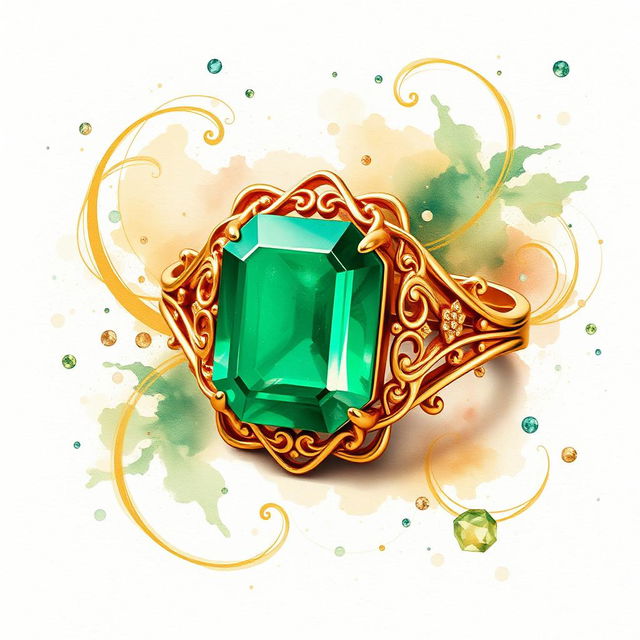 An enlarged gold ring prominently featuring a brilliant emerald green gem at its center, inspired by the artistic style of the 'Inheritance Games' book cover