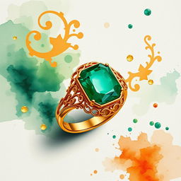 An enlarged gold ring prominently featuring a brilliant emerald green gem at its center, inspired by the artistic style of the 'Inheritance Games' book cover