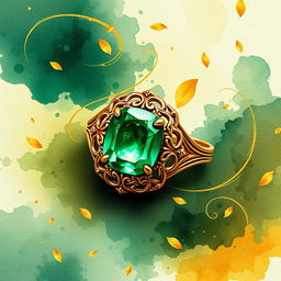 An enlarged gold ring prominently featuring a brilliant emerald green gem at its center, inspired by the artistic style of the 'Inheritance Games' book cover