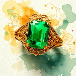 An enlarged gold ring prominently featuring a brilliant emerald green gem at its center, inspired by the artistic style of the 'Inheritance Games' book cover