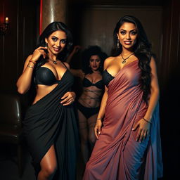 A captivating interrogation room filled with intense atmosphere, featuring two South Asian mistresses clad in flowing sarees that emphasize their cleavage and curvy, hourglass figures
