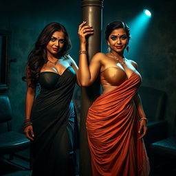 A captivating interrogation room filled with intense atmosphere, featuring two South Asian mistresses clad in flowing sarees that emphasize their cleavage and curvy, hourglass figures