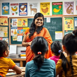 A confident Indian female teacher with a lively personality, standing in a classroom filled with colorful educational posters