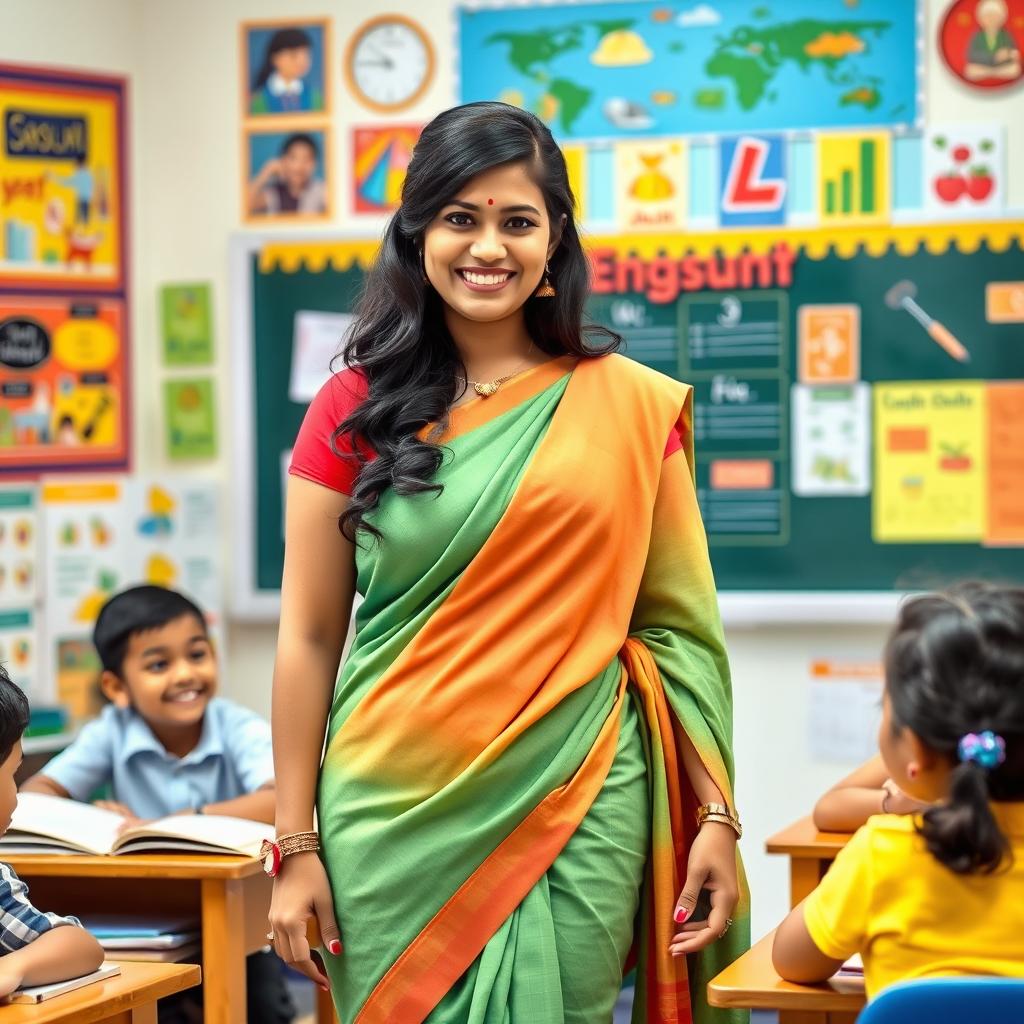 A confident Indian female teacher with a lively personality, standing in a classroom filled with colorful educational posters