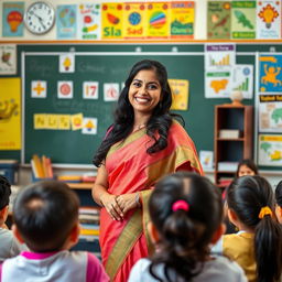 A confident Indian female teacher with a lively personality, standing in a classroom filled with colorful educational posters