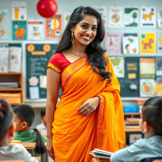 A confident Indian female teacher with a lively personality, standing in a classroom filled with colorful educational posters