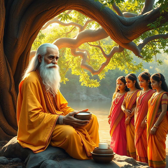 Under the shade of a large, ancient tree by the Yamuna River, Sage Vyasa is seated calmly, partaking in offerings of milk, cream, and butter provided by the Gopis