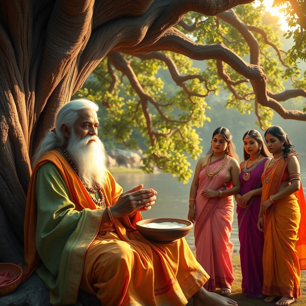 Under the shade of a large, ancient tree by the Yamuna River, Sage Vyasa is seated calmly, partaking in offerings of milk, cream, and butter provided by the Gopis