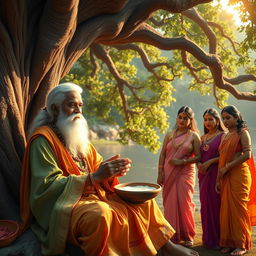 Under the shade of a large, ancient tree by the Yamuna River, Sage Vyasa is seated calmly, partaking in offerings of milk, cream, and butter provided by the Gopis