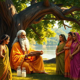 Under the shade of a large, ancient tree by the Yamuna River, Sage Vyasa is seated calmly, partaking in offerings of milk, cream, and butter provided by the Gopis