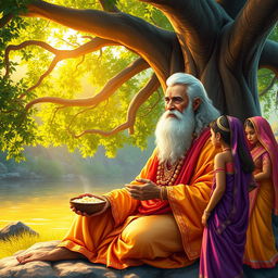 Under the shade of a large, ancient tree by the Yamuna River, Sage Vyasa is seated calmly, partaking in offerings of milk, cream, and butter provided by the Gopis