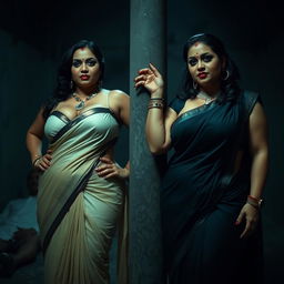 A gripping interrogation torture room scene featuring two South Asian aunties in elegant sarees that highlight their cleavage and voluptuous, curvy figures