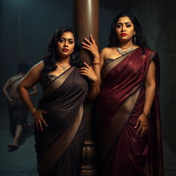 A gripping interrogation torture room scene featuring two South Asian aunties in elegant sarees that highlight their cleavage and voluptuous, curvy figures