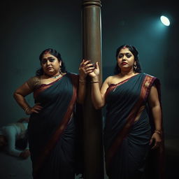 A gripping interrogation torture room scene featuring two South Asian aunties in elegant sarees that highlight their cleavage and voluptuous, curvy figures