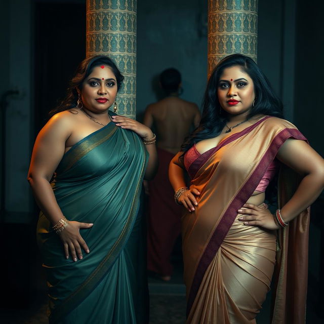 A gripping interrogation torture room scene featuring two South Asian aunties in elegant sarees that highlight their cleavage and voluptuous, curvy figures