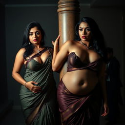 An intense interrogation room scene featuring two South Asian mistresses dressed in elegant sarees that beautifully accentuate their cleavage and curvy hourglass figures