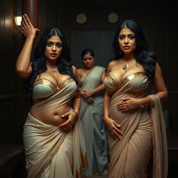 An intense interrogation room scene featuring two South Asian mistresses dressed in elegant sarees that beautifully accentuate their cleavage and curvy hourglass figures