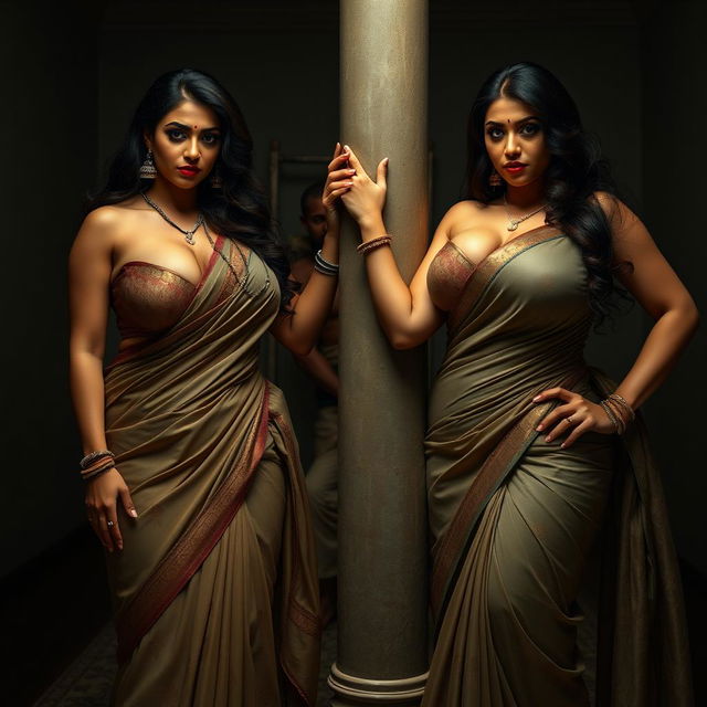 An intense interrogation room scene featuring two South Asian mistresses dressed in elegant sarees that beautifully accentuate their cleavage and curvy hourglass figures