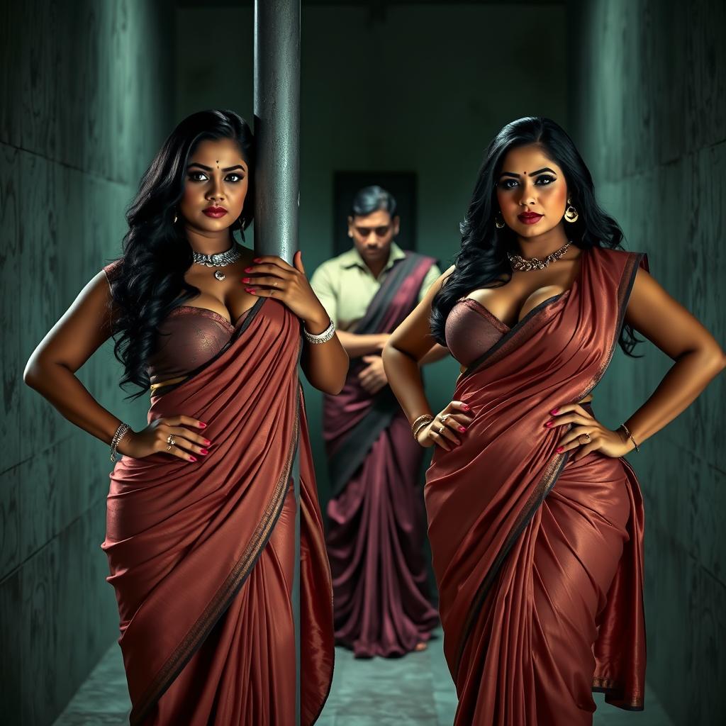 An intense interrogation room scene featuring two South Asian mistresses dressed in elegant sarees that beautifully accentuate their cleavage and curvy hourglass figures