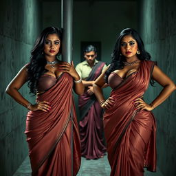 An intense interrogation room scene featuring two South Asian mistresses dressed in elegant sarees that beautifully accentuate their cleavage and curvy hourglass figures