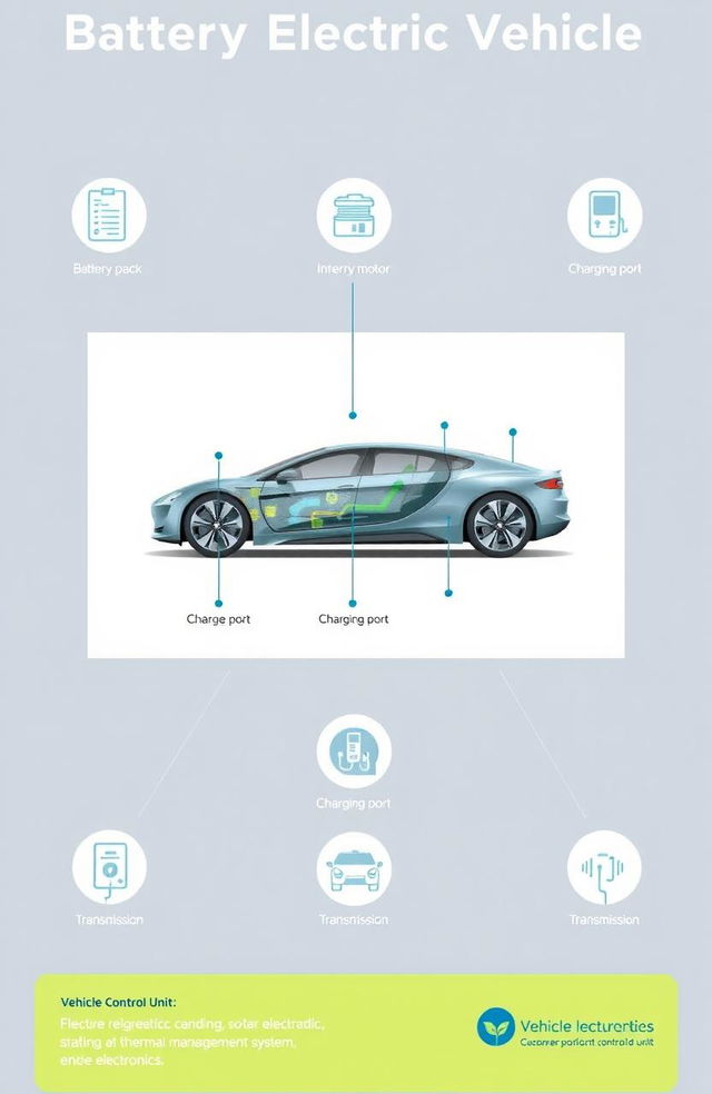 A detailed and educational diagram displaying the components of Battery Electric Vehicles (BEVs)