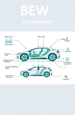 A detailed and educational diagram displaying the components of Battery Electric Vehicles (BEVs)