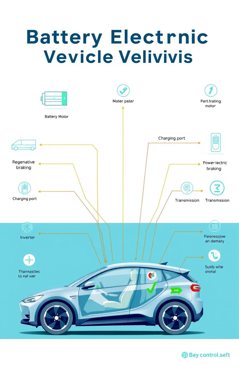 A detailed and educational diagram displaying the components of Battery Electric Vehicles (BEVs)