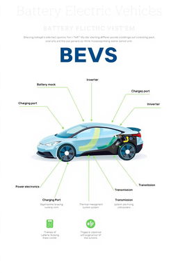 A detailed and educational diagram displaying the components of Battery Electric Vehicles (BEVs)