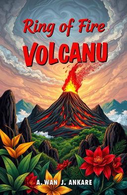 A captivating book cover featuring a vibrant and dynamic illustration of a volcanic landscape, set in the Ring of Fire, symbolizing the earthquake-prone region of Palu, Indonesia