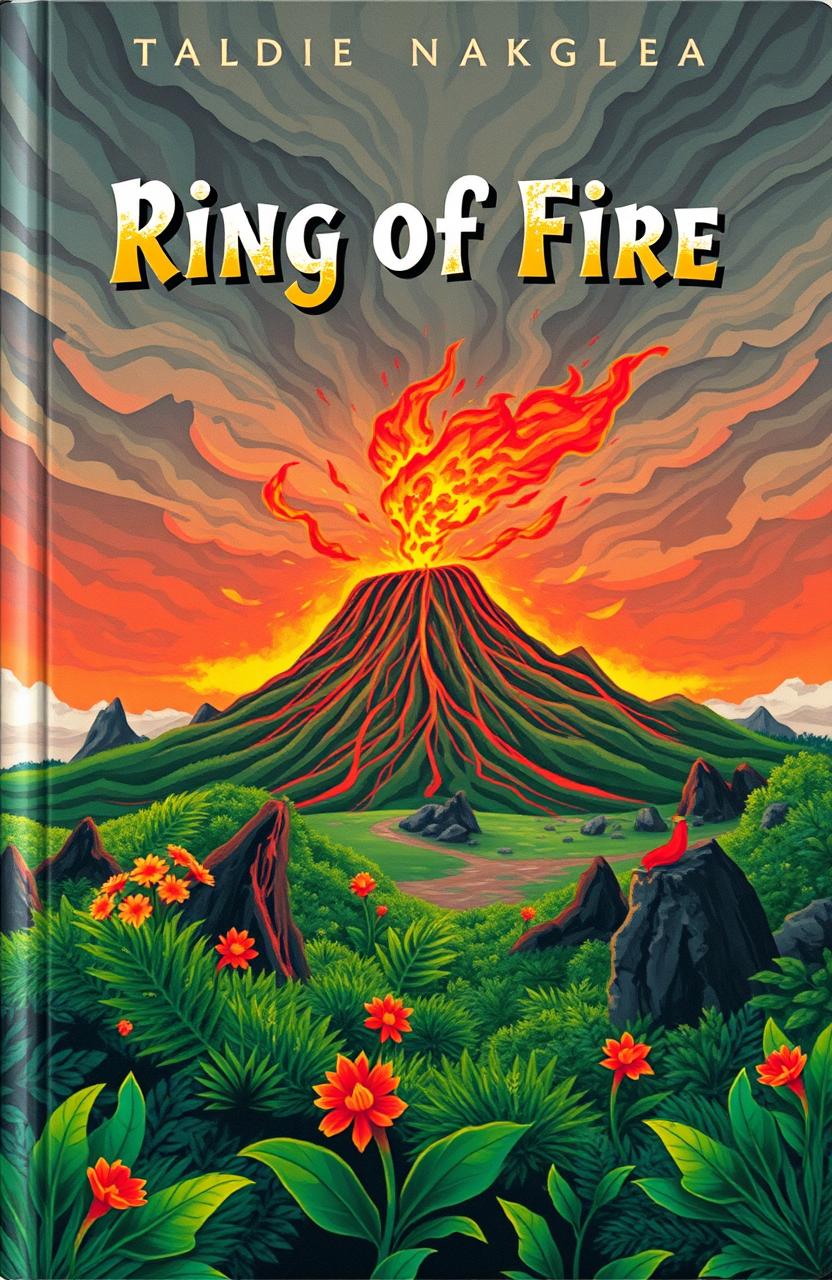 A captivating book cover featuring a vibrant and dynamic illustration of a volcanic landscape, set in the Ring of Fire, symbolizing the earthquake-prone region of Palu, Indonesia