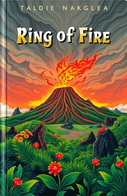 A captivating book cover featuring a vibrant and dynamic illustration of a volcanic landscape, set in the Ring of Fire, symbolizing the earthquake-prone region of Palu, Indonesia