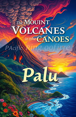 A stunning book cover illustration depicting a vibrant and mystical landscape of Mount Volcanoes in the Pacific Ring of Fire, highlighting the city of Palu in Indonesia