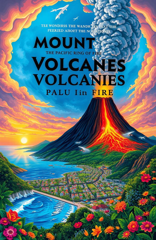 A stunning book cover illustration depicting a vibrant and mystical landscape of Mount Volcanoes in the Pacific Ring of Fire, highlighting the city of Palu in Indonesia