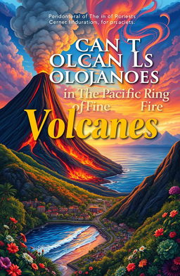 A stunning book cover illustration depicting a vibrant and mystical landscape of Mount Volcanoes in the Pacific Ring of Fire, highlighting the city of Palu in Indonesia