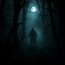 A dramatic scene set in a dark, ominous forest, featuring a shadowy figure that embodies the essence of a murderer