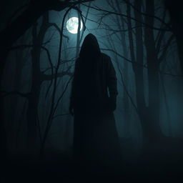 A dramatic scene set in a dark, ominous forest, featuring a shadowy figure that embodies the essence of a murderer