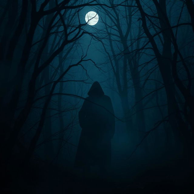 A dramatic scene set in a dark, ominous forest, featuring a shadowy figure that embodies the essence of a murderer