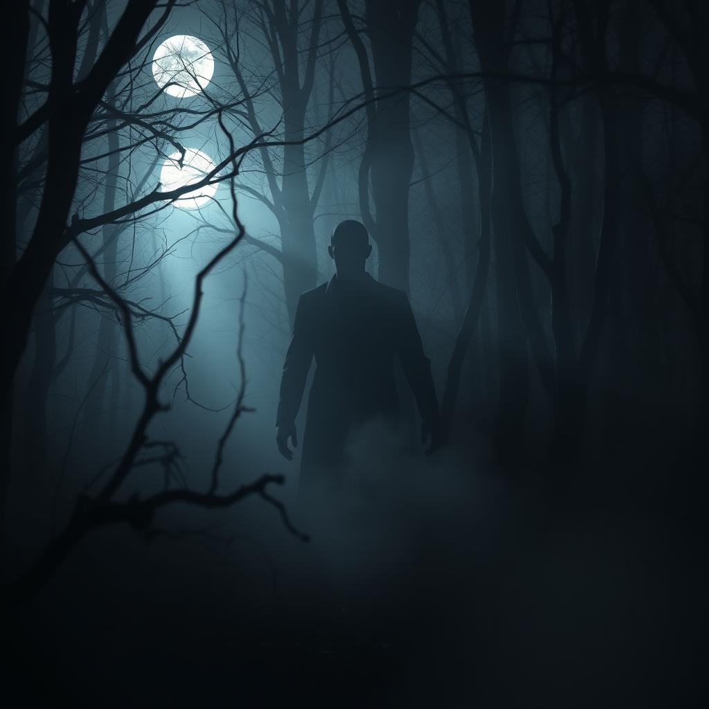 A dramatic scene set in a dark, ominous forest, featuring a shadowy figure that embodies the essence of a murderer