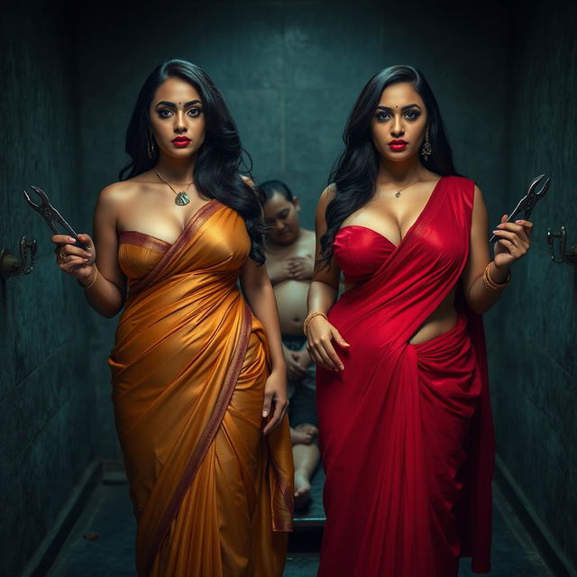 A dramatic interrogation torture room scene featuring two South Asian mistresses dressed elegantly in sarees that accentuate their cleavage and curvy hourglass figures