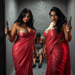 A dramatic interrogation torture room scene featuring two South Asian mistresses dressed elegantly in sarees that accentuate their cleavage and curvy hourglass figures