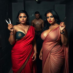 A dramatic interrogation torture room scene featuring two South Asian mistresses dressed elegantly in sarees that accentuate their cleavage and curvy hourglass figures