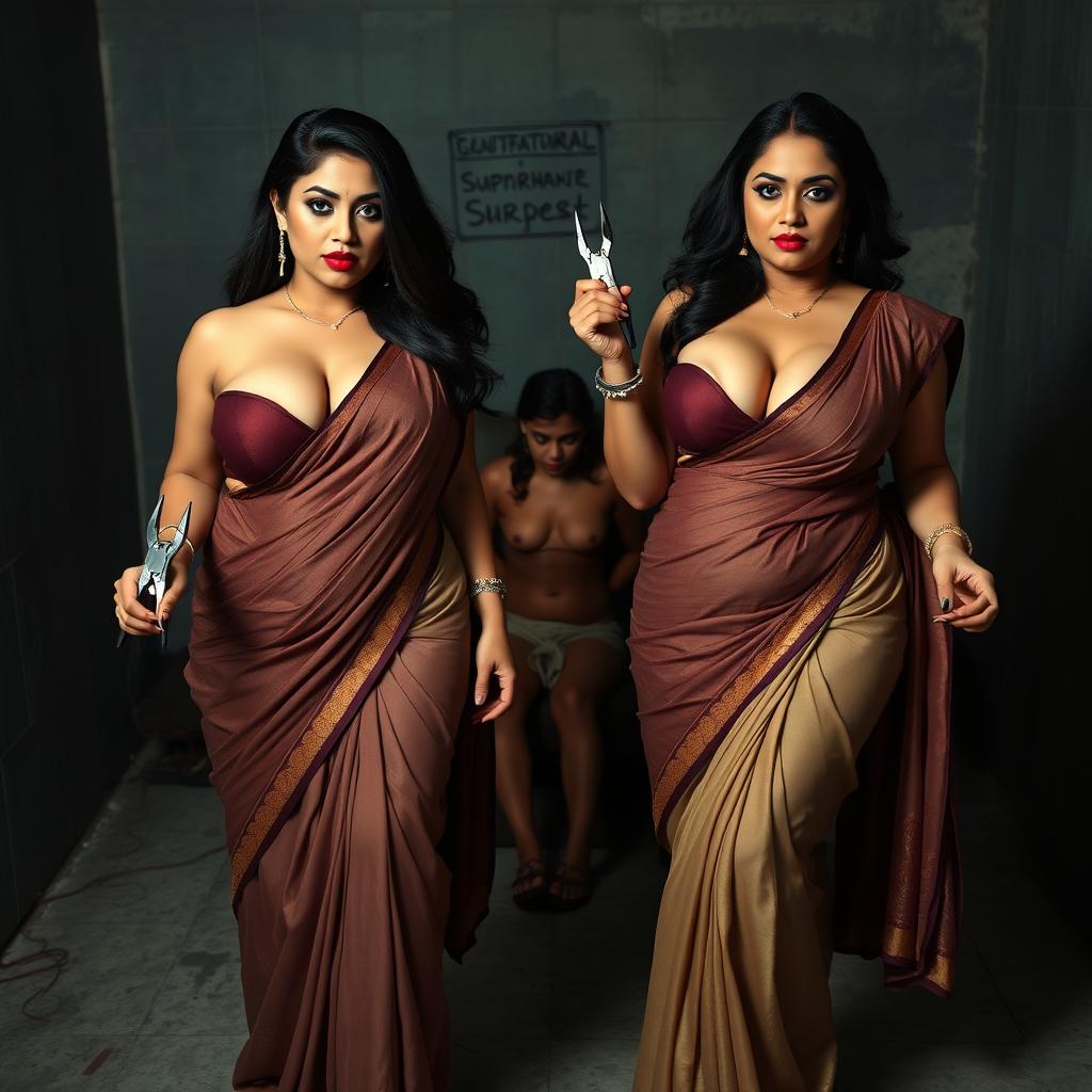 A dramatic interrogation torture room scene featuring two South Asian mistresses dressed elegantly in sarees that accentuate their cleavage and curvy hourglass figures