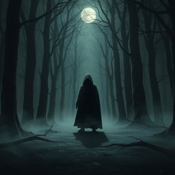 An eerie dark forest setting with towering trees and dense fog, creating a mysterious atmosphere