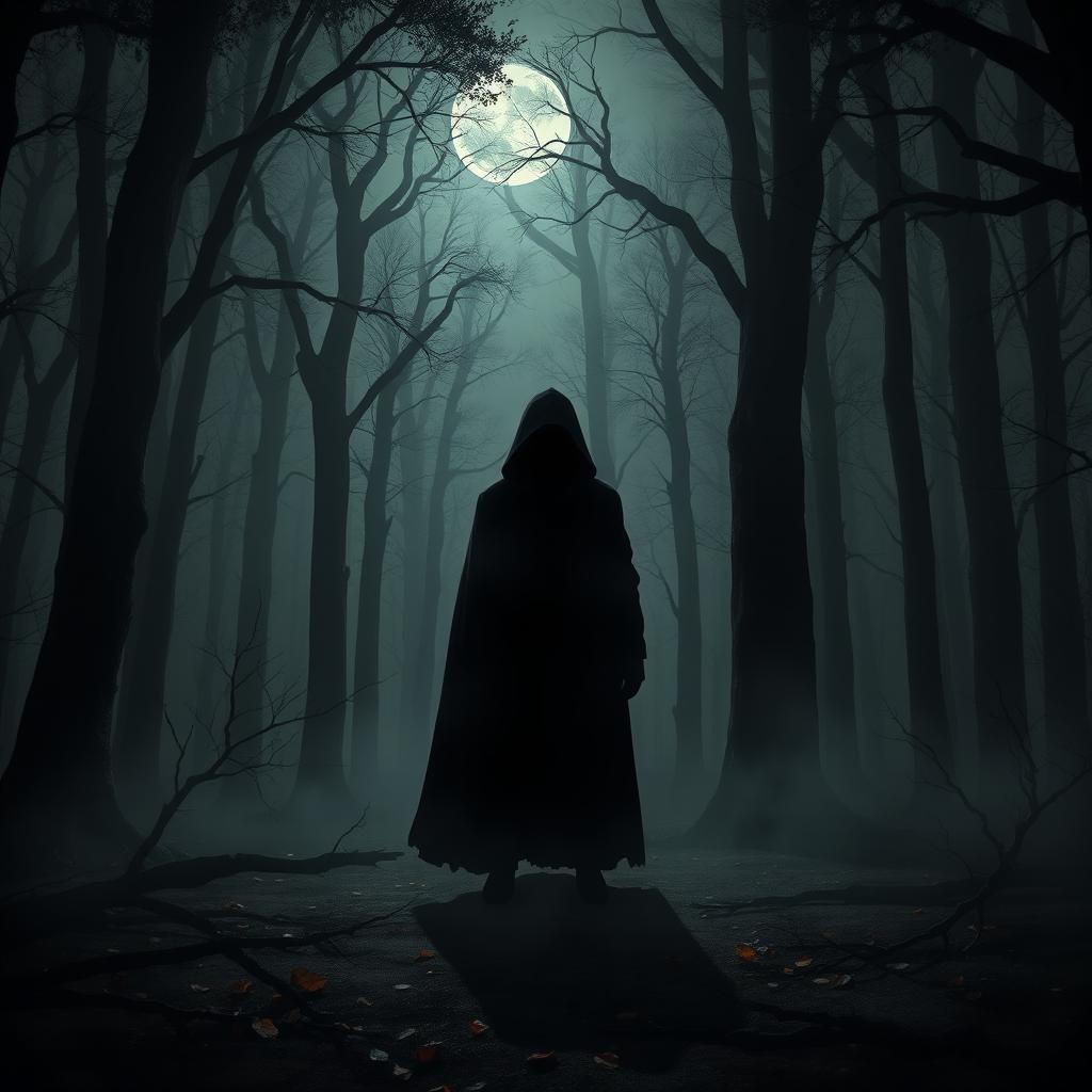 An eerie dark forest setting with towering trees and dense fog, creating a mysterious atmosphere