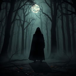 An eerie dark forest setting with towering trees and dense fog, creating a mysterious atmosphere