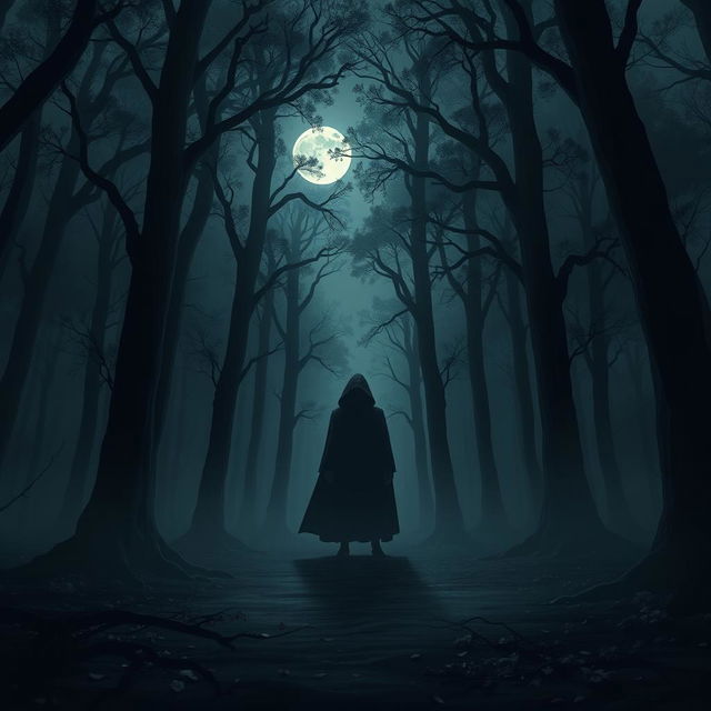 An eerie dark forest setting with towering trees and dense fog, creating a mysterious atmosphere