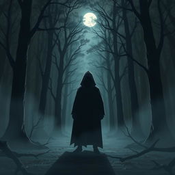 An eerie dark forest setting with towering trees and dense fog, creating a mysterious atmosphere