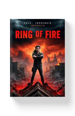 A book cover design for "Ring of Fire", featuring a central character who embodies resilience and strength, standing confidently amidst the ruins of a city devastated by a tsunami and earthquake