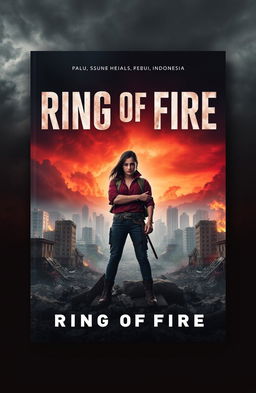 A book cover design for "Ring of Fire", featuring a central character who embodies resilience and strength, standing confidently amidst the ruins of a city devastated by a tsunami and earthquake